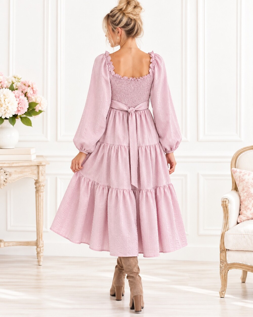 NWT Urban Outfitters Pink Smocked Tiered Midi Dress | Cottagecore | Size Large - Picture 3 of 9